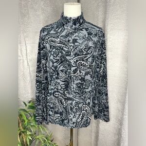 Relaxed by Charter Club Women's Paisley Print Front-Zip Velvet Shirt Gray Sz L